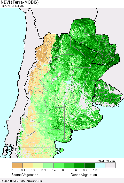 Southern South America NDVI (Terra-MODIS) Thematic Map For 6/26/2021 - 7/3/2021