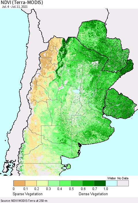 Southern South America NDVI (Terra-MODIS) Thematic Map For 7/4/2021 - 7/11/2021
