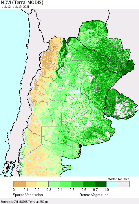 Southern South America NDVI (Terra-MODIS) Thematic Map For 7/12/2021 - 7/19/2021
