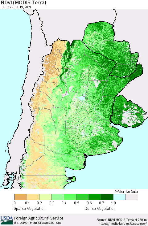 Southern South America NDVI (Terra-MODIS) Thematic Map For 7/11/2021 - 7/20/2021