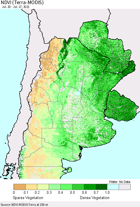 Southern South America NDVI (Terra-MODIS) Thematic Map For 7/20/2021 - 7/27/2021