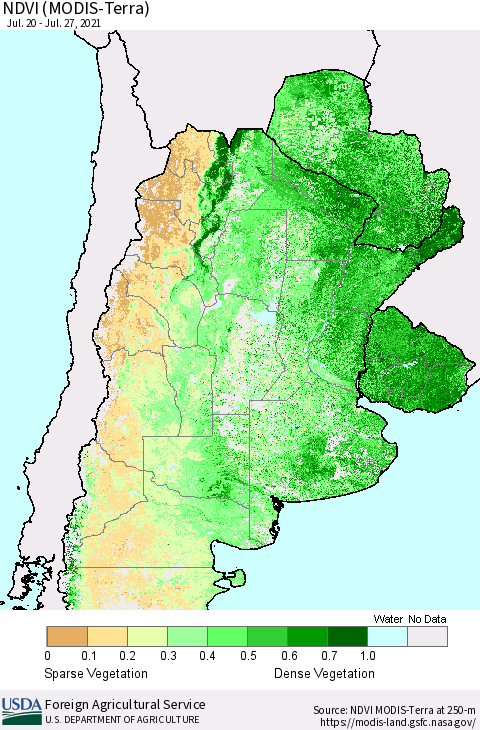 Southern South America NDVI (Terra-MODIS) Thematic Map For 7/21/2021 - 7/31/2021
