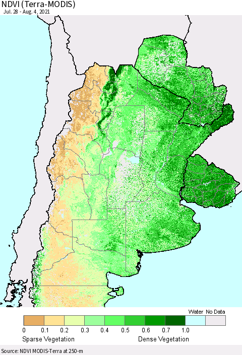Southern South America NDVI (Terra-MODIS) Thematic Map For 7/28/2021 - 8/4/2021