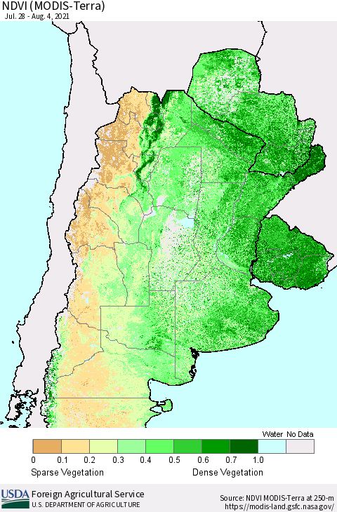 Southern South America NDVI (Terra-MODIS) Thematic Map For 8/1/2021 - 8/10/2021