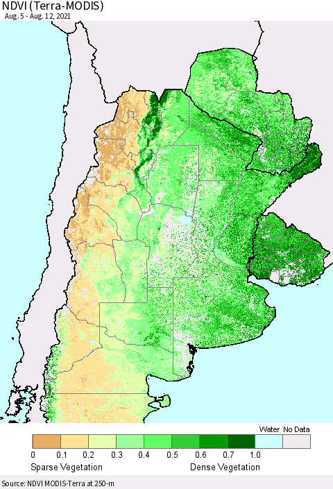 Southern South America NDVI (Terra-MODIS) Thematic Map For 8/5/2021 - 8/12/2021