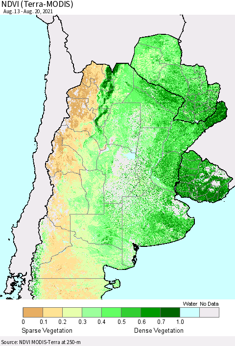 Southern South America NDVI (Terra-MODIS) Thematic Map For 8/11/2021 - 8/20/2021