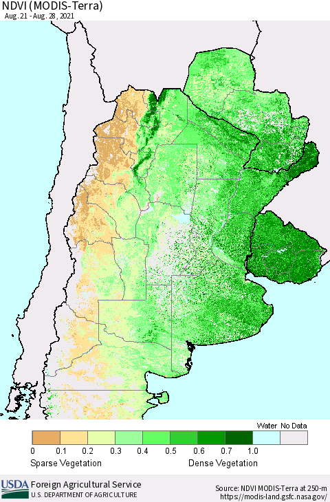 Southern South America NDVI (Terra-MODIS) Thematic Map For 8/21/2021 - 8/31/2021