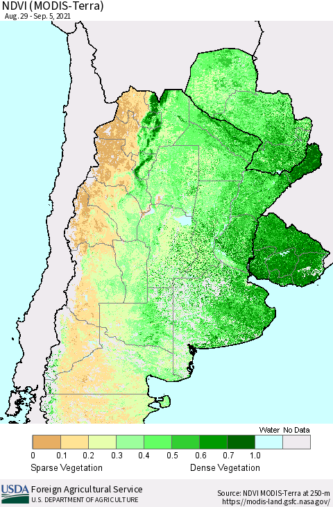 Southern South America NDVI (Terra-MODIS) Thematic Map For 9/1/2021 - 9/10/2021