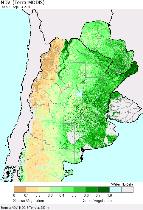 Southern South America NDVI (Terra-MODIS) Thematic Map For 9/6/2021 - 9/13/2021