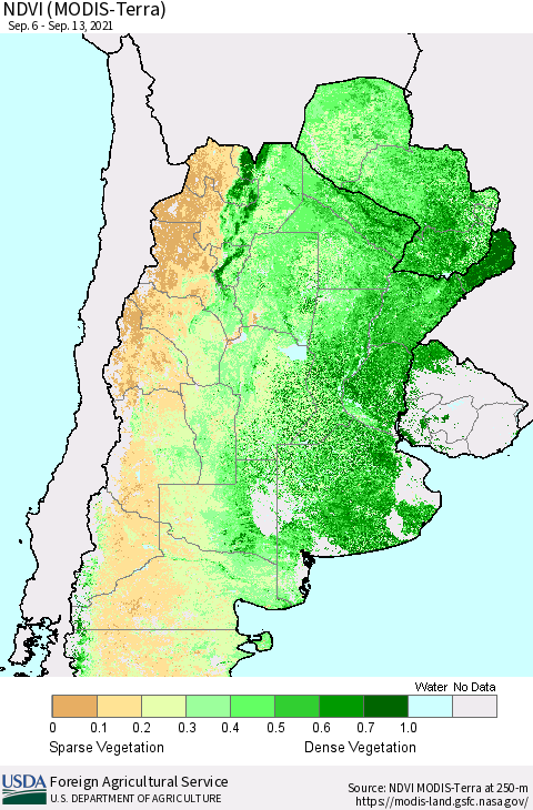 Southern South America NDVI (Terra-MODIS) Thematic Map For 9/11/2021 - 9/20/2021