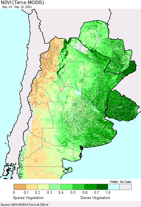 Southern South America NDVI (Terra-MODIS) Thematic Map For 9/14/2021 - 9/21/2021