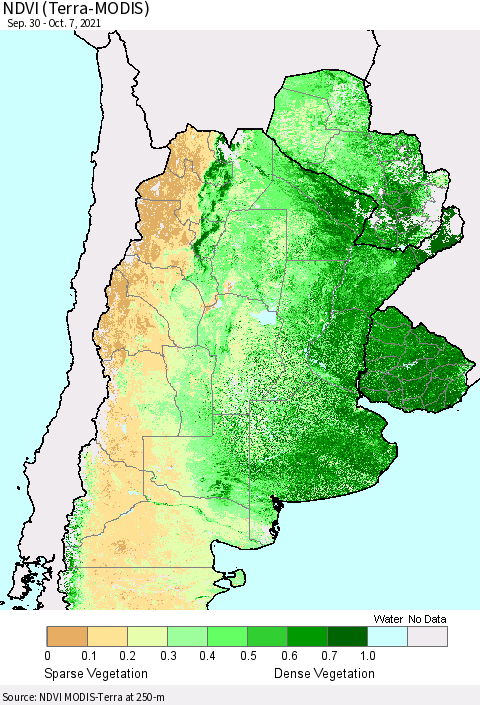 Southern South America NDVI (Terra-MODIS) Thematic Map For 9/30/2021 - 10/7/2021