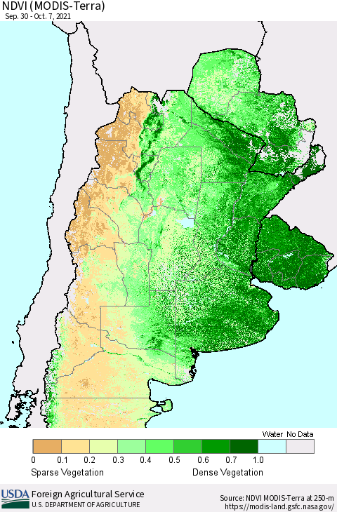 Southern South America NDVI (Terra-MODIS) Thematic Map For 10/1/2021 - 10/10/2021