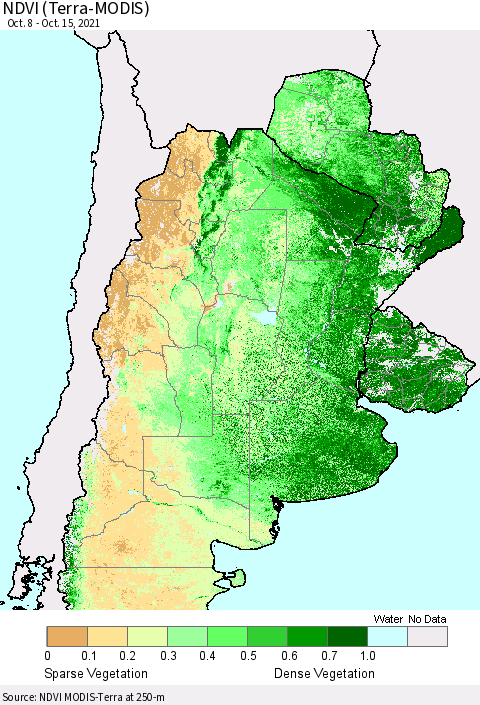 Southern South America NDVI (Terra-MODIS) Thematic Map For 10/8/2021 - 10/15/2021