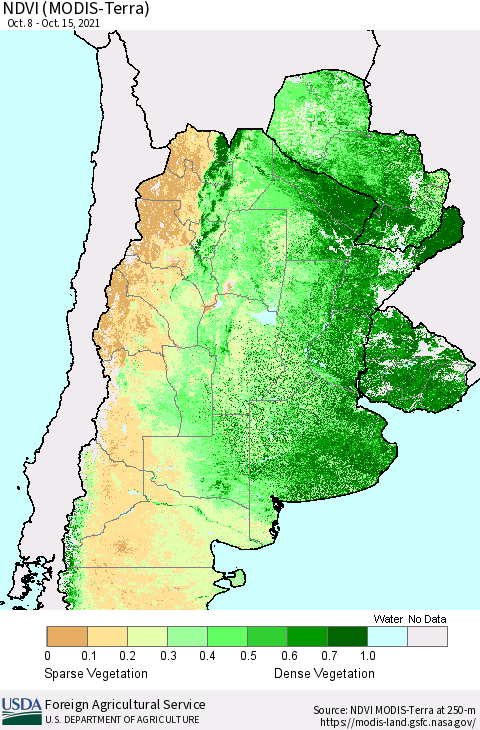 Southern South America NDVI (Terra-MODIS) Thematic Map For 10/11/2021 - 10/20/2021
