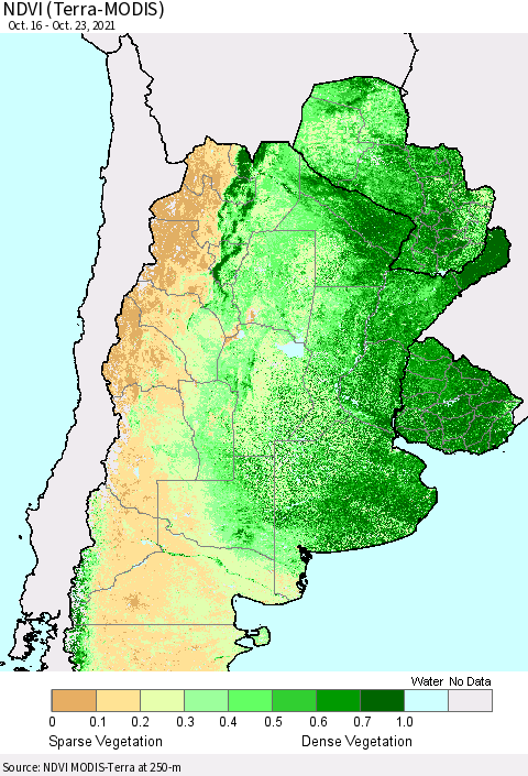 Southern South America NDVI (Terra-MODIS) Thematic Map For 10/16/2021 - 10/23/2021