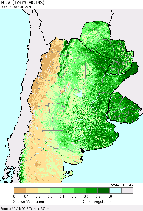 Southern South America NDVI (Terra-MODIS) Thematic Map For 10/21/2021 - 10/31/2021