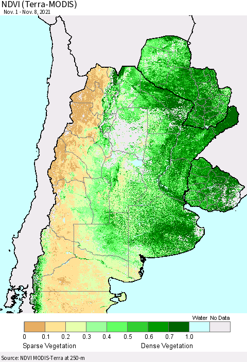 Southern South America NDVI (Terra-MODIS) Thematic Map For 11/1/2021 - 11/8/2021