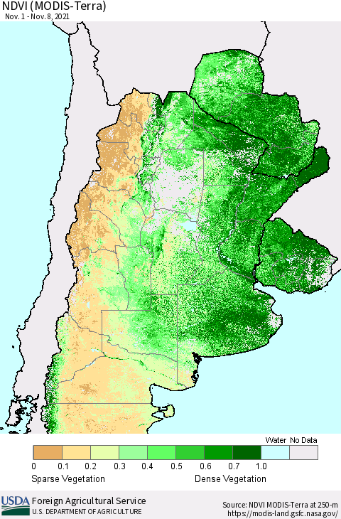 Southern South America NDVI (Terra-MODIS) Thematic Map For 11/1/2021 - 11/10/2021