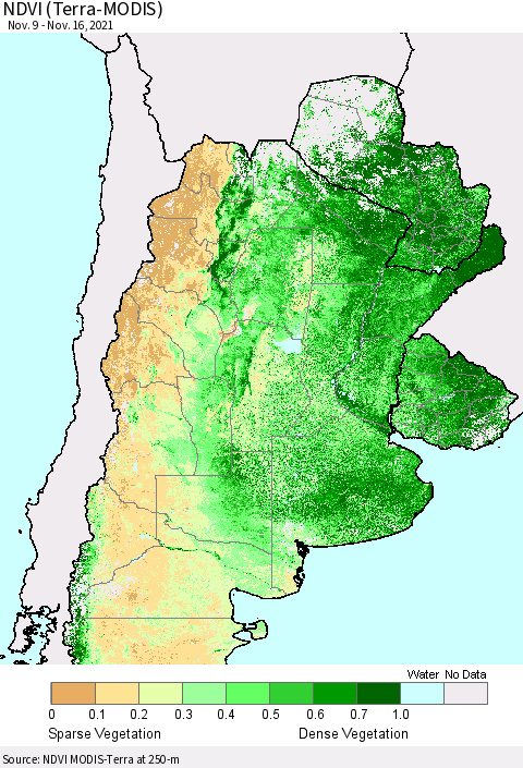 Southern South America NDVI (Terra-MODIS) Thematic Map For 11/9/2021 - 11/16/2021