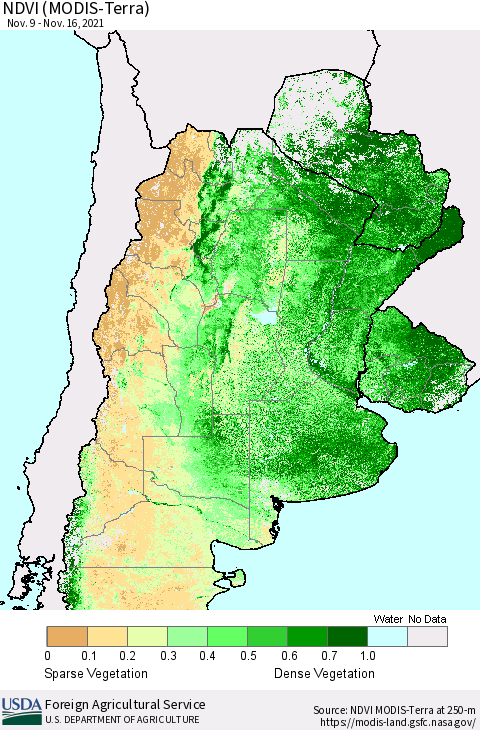 Southern South America NDVI (Terra-MODIS) Thematic Map For 11/11/2021 - 11/20/2021