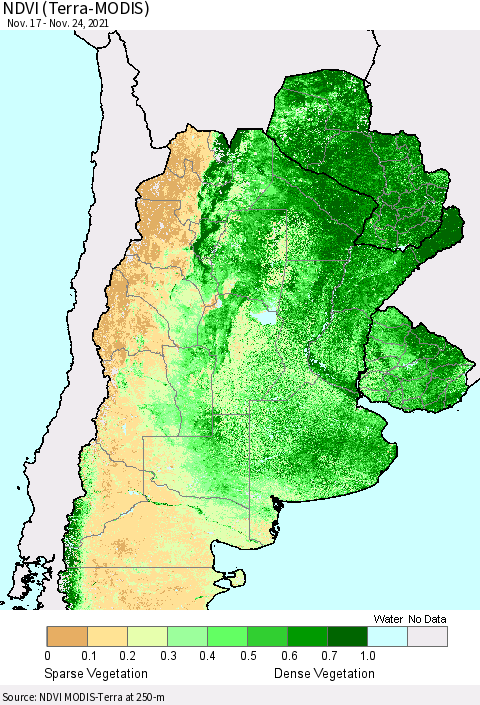 Southern South America NDVI (Terra-MODIS) Thematic Map For 11/17/2021 - 11/24/2021