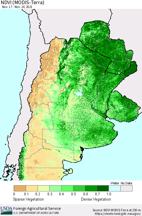 Southern South America NDVI (Terra-MODIS) Thematic Map For 11/21/2021 - 11/30/2021