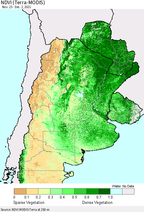 Southern South America NDVI (Terra-MODIS) Thematic Map For 11/25/2021 - 12/2/2021