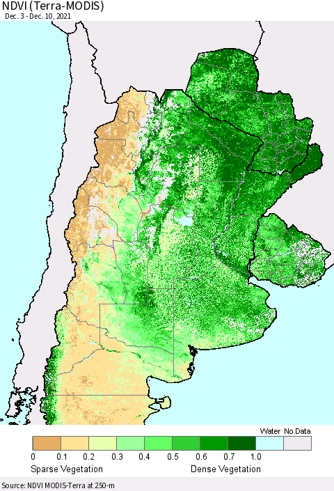 Southern South America NDVI (Terra-MODIS) Thematic Map For 12/1/2021 - 12/10/2021