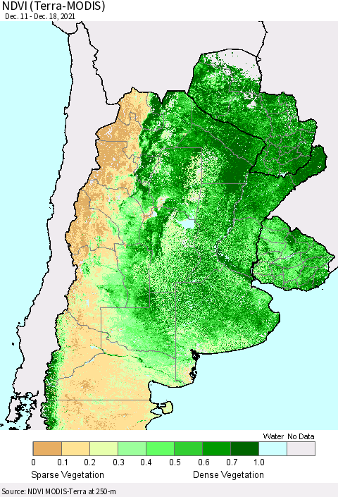 Southern South America NDVI (Terra-MODIS) Thematic Map For 12/11/2021 - 12/18/2021