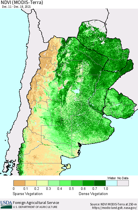 Southern South America NDVI (Terra-MODIS) Thematic Map For 12/11/2021 - 12/20/2021