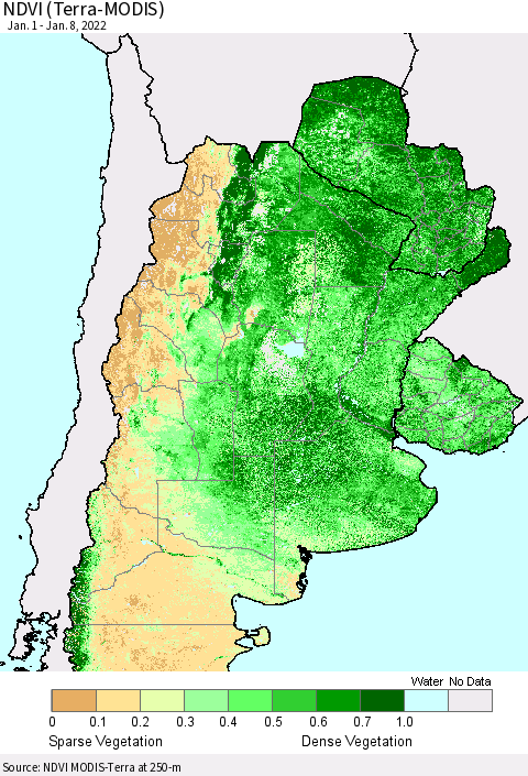Southern South America NDVI (Terra-MODIS) Thematic Map For 1/1/2022 - 1/8/2022