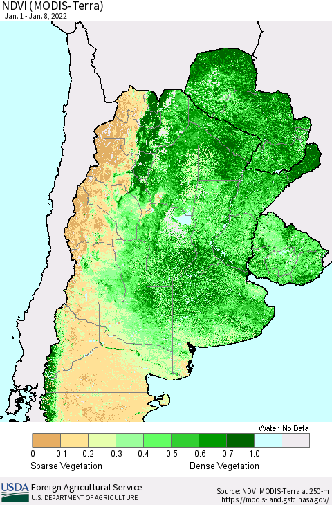 Southern South America NDVI (Terra-MODIS) Thematic Map For 1/1/2022 - 1/10/2022