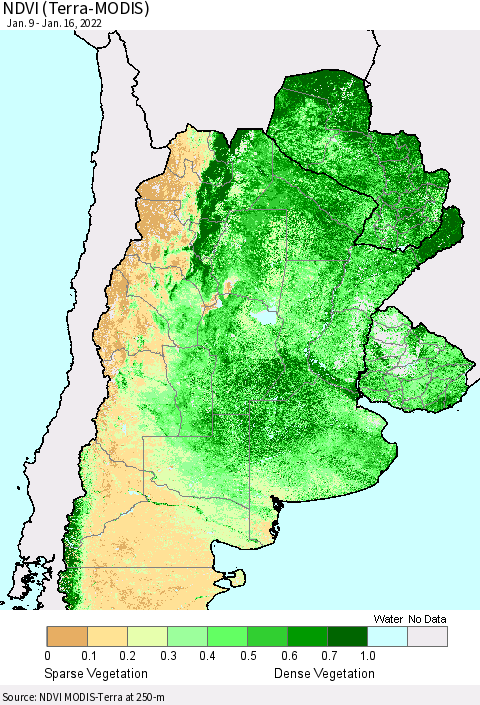 Southern South America NDVI (Terra-MODIS) Thematic Map For 1/9/2022 - 1/16/2022