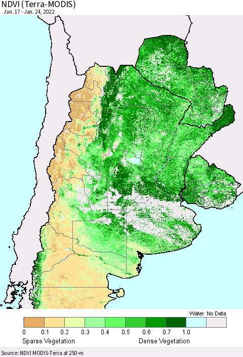 Southern South America NDVI (Terra-MODIS) Thematic Map For 1/17/2022 - 1/24/2022