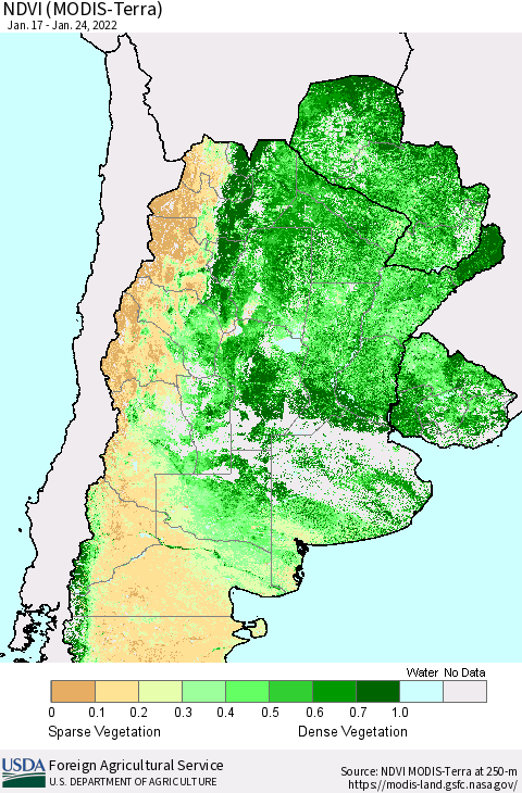 Southern South America NDVI (Terra-MODIS) Thematic Map For 1/21/2022 - 1/31/2022