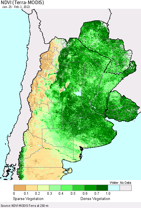 Southern South America NDVI (Terra-MODIS) Thematic Map For 1/25/2022 - 2/1/2022