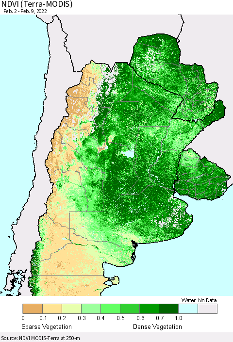Southern South America NDVI (Terra-MODIS) Thematic Map For 2/2/2022 - 2/9/2022
