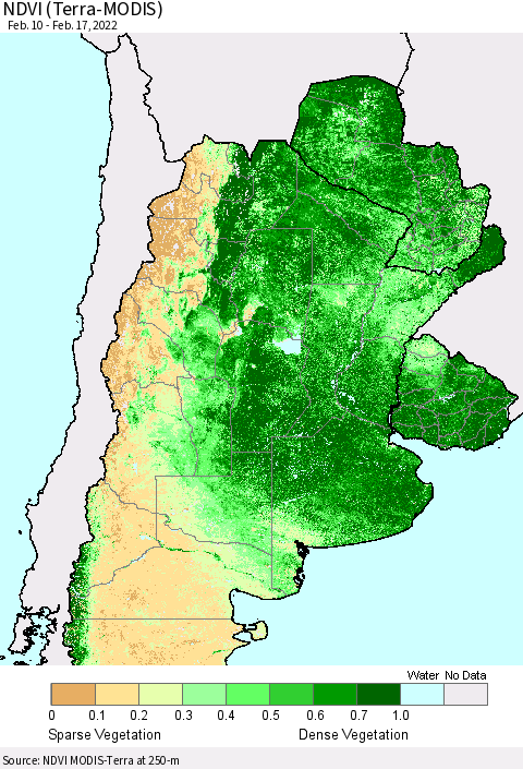 Southern South America NDVI (Terra-MODIS) Thematic Map For 2/10/2022 - 2/17/2022