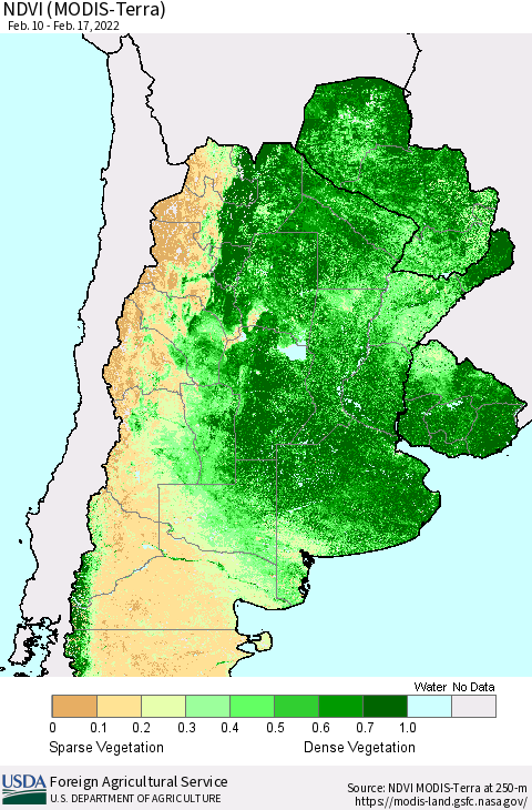 Southern South America NDVI (Terra-MODIS) Thematic Map For 2/11/2022 - 2/20/2022