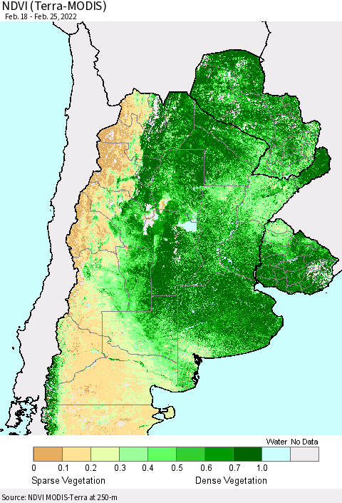 Southern South America NDVI (Terra-MODIS) Thematic Map For 2/18/2022 - 2/25/2022