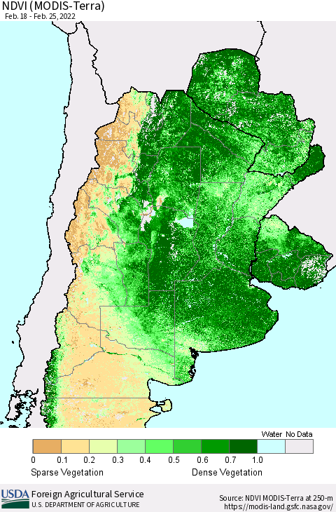 Southern South America NDVI (Terra-MODIS) Thematic Map For 2/21/2022 - 2/28/2022