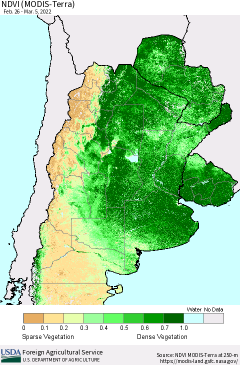 Southern South America NDVI (Terra-MODIS) Thematic Map For 3/1/2022 - 3/10/2022