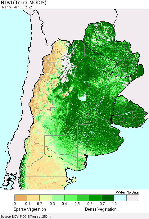 Southern South America NDVI (Terra-MODIS) Thematic Map For 3/6/2022 - 3/13/2022