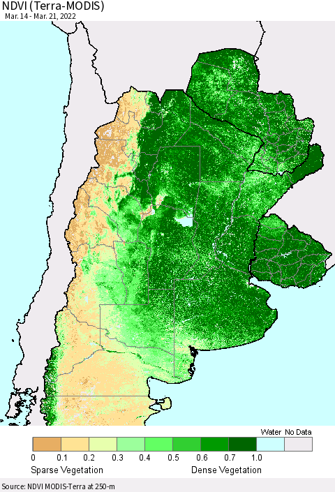Southern South America NDVI (Terra-MODIS) Thematic Map For 3/14/2022 - 3/21/2022