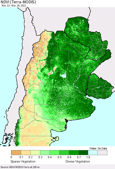 Southern South America NDVI (Terra-MODIS) Thematic Map For 3/22/2022 - 3/29/2022
