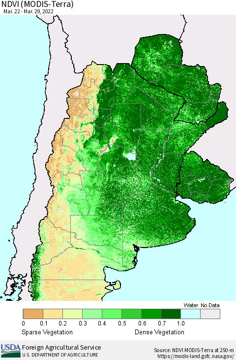 Southern South America NDVI (Terra-MODIS) Thematic Map For 3/21/2022 - 3/31/2022