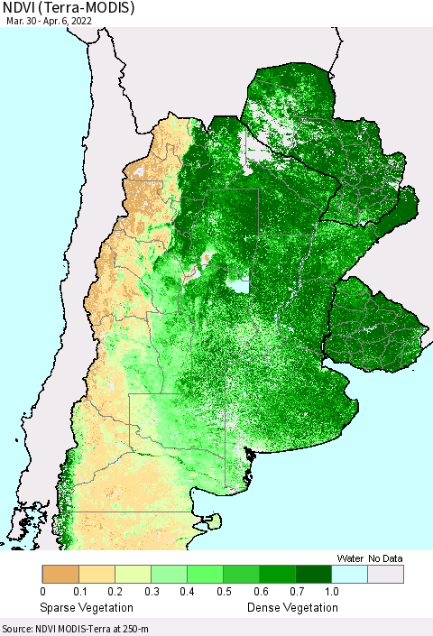 Southern South America NDVI (Terra-MODIS) Thematic Map For 3/30/2022 - 4/6/2022