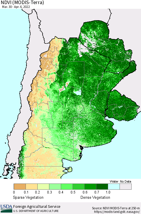 Southern South America NDVI (Terra-MODIS) Thematic Map For 4/1/2022 - 4/10/2022