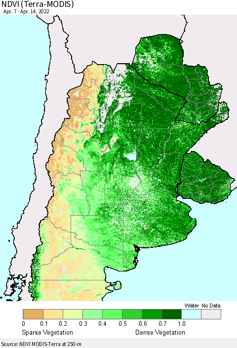Southern South America NDVI (Terra-MODIS) Thematic Map For 4/7/2022 - 4/14/2022